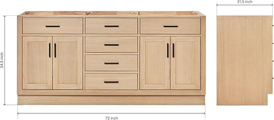 ARIEL Hepburn 72-inch Bathroom Vanity Base Cabinet,Solid Wood, 4 Soft Closing Doors, 6 Dovetail Drawers, White Oak