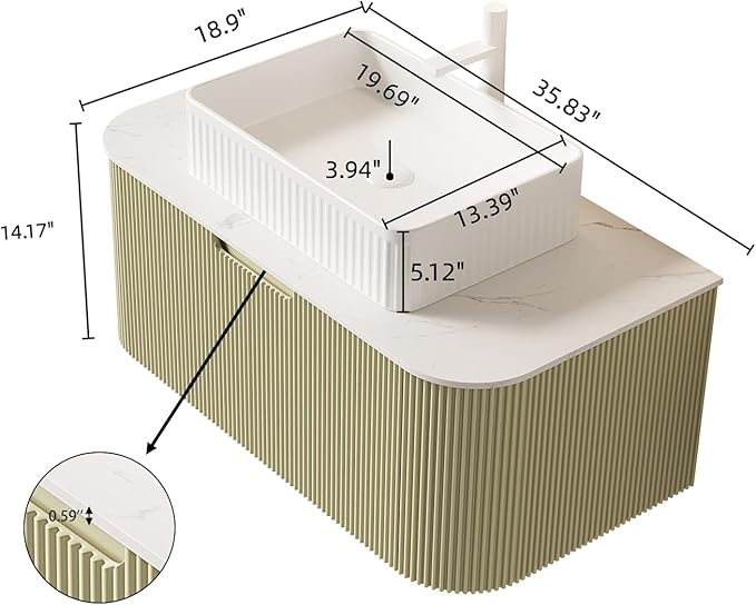 Yayzy 36" Floating Bathroom Vanity with Sink, Solid Wood Fluted Cabinet, White Fluted Square Ceramic Basin & Faux Marble Top, Soft-Close Drawer, Pre-Assembled, Light Green