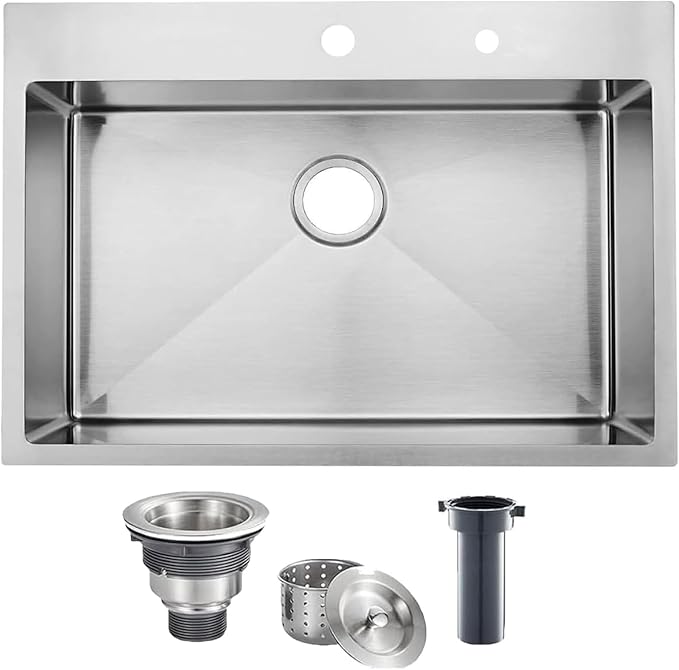 VAPSINT 33x22 Drop In Kitchen Sink, 33 Inch Stainless Steel Top Mount Single Bowl Sink for Kitchen, Overmount Handmade 16 Gauge Brushed Nickel RV Laundry Prep Sinks with Drain