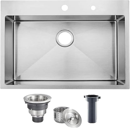 VAPSINT 33x22 Drop In Kitchen Sink, 33 Inch Stainless Steel Top Mount Single Bowl Sink for Kitchen, Overmount Handmade 16 Gauge Brushed Nickel RV Laundry Prep Sinks with Drain