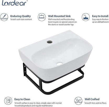 Lordear Wall Mounted Vessel Sink 16x11 Inch, U-Shape White Porcelain Bathroom Sink with Black Faucet and Support Pedestal Legs, Wall Hung Vanity Sink with Towel Rack for Small Bathrooms