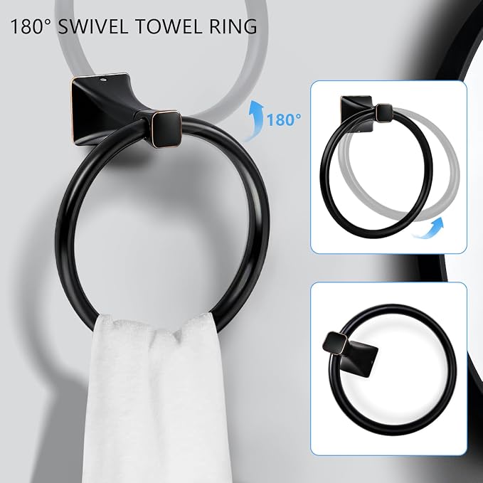 SUS304 Stainless Steel Bathroom Hardware Set, 5-Piece Matte Black Wall Mounted Towel Rack Accessories Set, 24 Inch Towel Bar, Towel Ring, Toilet Paper Holder, Towel Hooks, Multipurpose for Bathroom