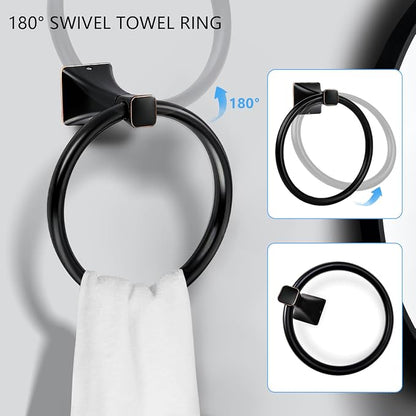 SUS304 Stainless Steel Bathroom Hardware Set, 5-Piece Matte Black Wall Mounted Towel Rack Accessories Set, 24 Inch Towel Bar, Towel Ring, Toilet Paper Holder, Towel Hooks, Multipurpose for Bathroom