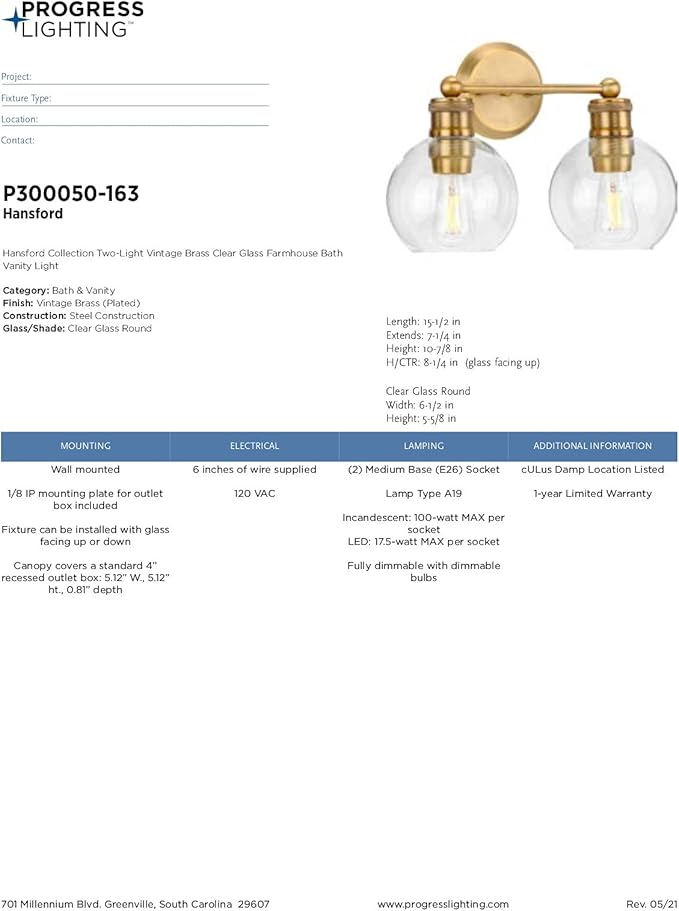 Hansford Collection 2-Light Clear Glass Farmhouse Bath Vanity Light Vintage Brass