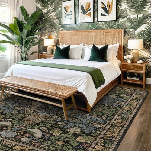 Vintage 9x12 Dining Room Rugs for Under Table - Dark Botanical & Bird Patterned Rugs for Living Room, Bedroom Under Bed, Traditional Cottage Brown and Green Décor, Washable Non Slip Folable Carpet
