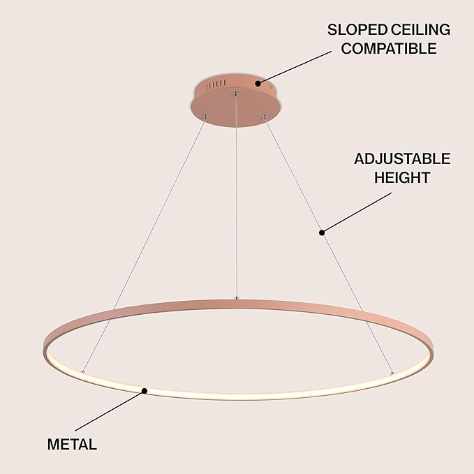 JONATHAN Y 35" Matte Pink Modern Integrated LED Pendant Light, Dimmable Round Hoop Chandelier for Kitchen Island, Dining Room, Adjustable Height Metal Hanging Light (JYL7220B)