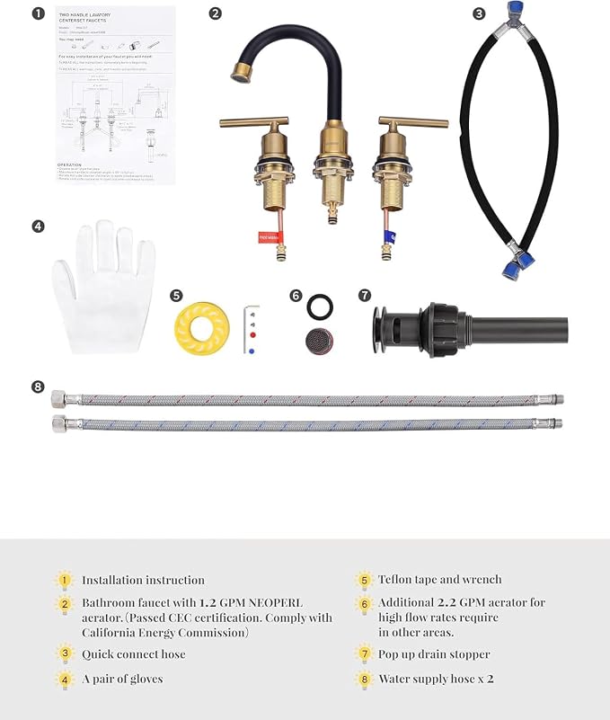 WOWOW 3 Hole Bathroom Faucet Widespread Bathroom Sink Faucet with Pop Up Drain Stopper Vanity Faucet 2 Handle Basin Taps Black and Gold Mixer Tap with Supply Hoses