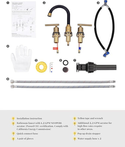 WOWOW 3 Hole Bathroom Faucet Widespread Bathroom Sink Faucet with Pop Up Drain Stopper Vanity Faucet 2 Handle Basin Taps Black and Gold Mixer Tap with Supply Hoses