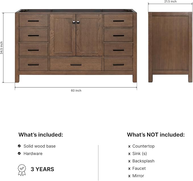 ARIEL Cambridge 60-inch Bathroom Vanity Base Cabinet,Solid Wood, 2 Soft Closing Doors, 9 Dovetail Drawers, Brown Oak