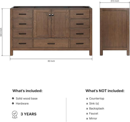 ARIEL Cambridge 60-inch Bathroom Vanity Base Cabinet,Solid Wood, 2 Soft Closing Doors, 9 Dovetail Drawers, Brown Oak