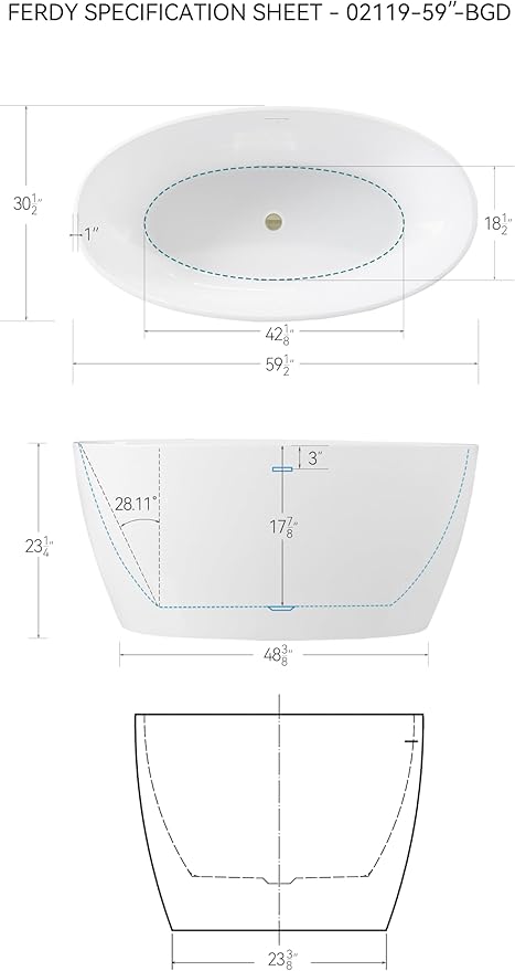 FerdY Tahiti 59" Acrylic Freestanding Bathtub, Elegant Oval Shape Bathtub, Glossy White, Brushed Gold Drain & Integrated Slotted Overflow Assembly Included cUPC Certified