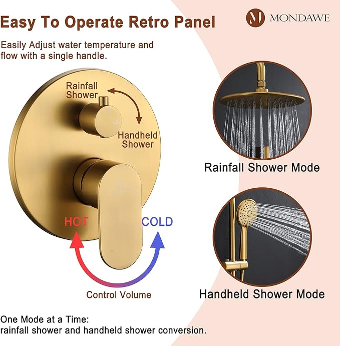 MONDAWE 9 Inch Wall Mounted Shower Faucet Set in Brushed Gold, Rainfall Shower Head with 3-Setting Handheld Spray Shower Set Combo, High Pressure Shower System with Solid Brass Valve
