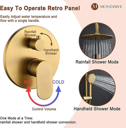 MONDAWE 9 Inch Wall Mounted Shower Faucet Set in Brushed Gold, Rainfall Shower Head with 3-Setting Handheld Spray Shower Set Combo, High Pressure Shower System with Solid Brass Valve