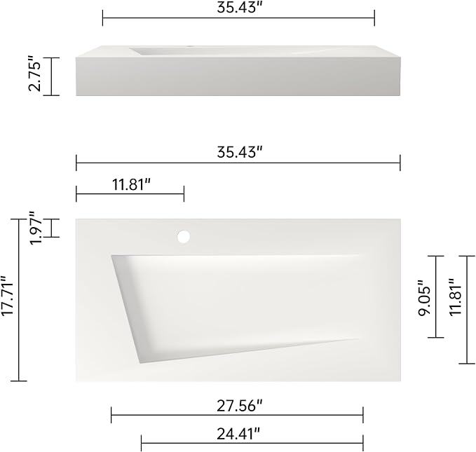 SJ Star&Jane 35" x 18" Solid Surface Bathroom Sink, Wall-Mount or Countertop Vessel Sink, Floating Vanity Sink, Pre-installed Faucet Holes, Durable Modern Design