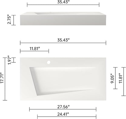 SJ Star&Jane 35" x 18" Solid Surface Bathroom Sink, Wall-Mount or Countertop Vessel Sink, Floating Vanity Sink, Pre-installed Faucet Holes, Durable Modern Design