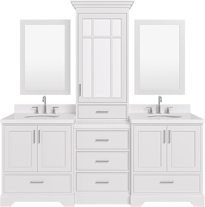 ARIEL Stafford 84-inch Bathroom Vanity with Sink,Solid Wood, 1.5-inch Carrara White Quartz Countertop & Backsplash, Double Oval Porcelain Sink, 5 Soft Closing Doors, 6 Dovetail Drawers, White