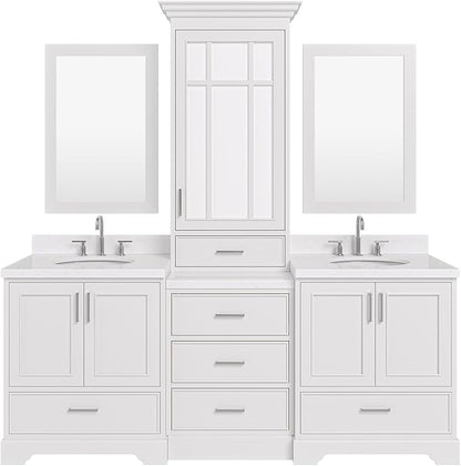 ARIEL Stafford 84-inch Bathroom Vanity with Sink,Solid Wood, 1.5-inch Carrara White Quartz Countertop & Backsplash, Double Oval Porcelain Sink, 5 Soft Closing Doors, 6 Dovetail Drawers, White