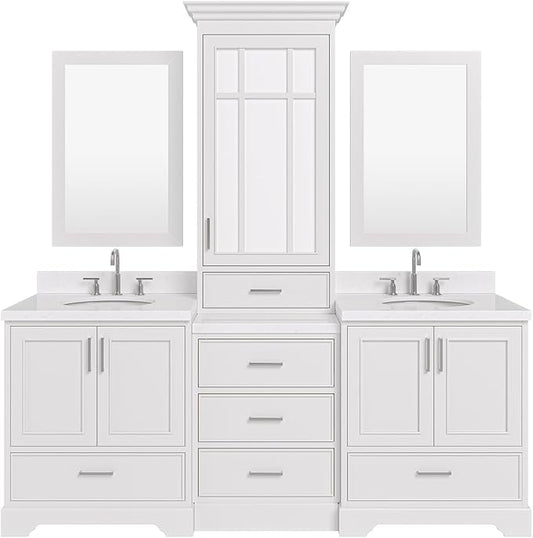 ARIEL Stafford 84-inch Bathroom Vanity with Sink,Solid Wood, 1.5-inch Carrara White Quartz Countertop & Backsplash, Double Oval Porcelain Sink, 5 Soft Closing Doors, 6 Dovetail Drawers, White