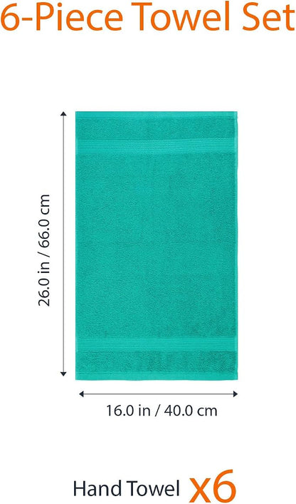 Amazon Basics Fade-Resistant 100% Cotton Hand Towels for Bathroom, Soft Absorbent, 26 x 16 inches, Teal, 6-Pack