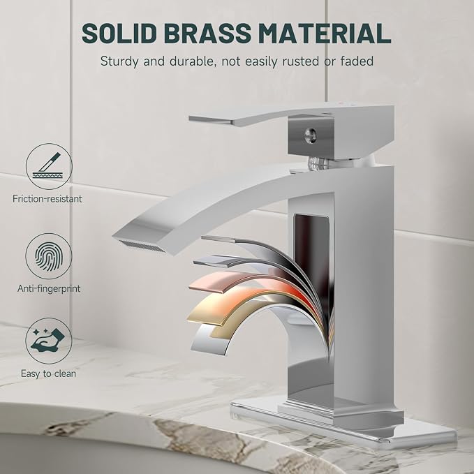 Chrome Waterfall Bathroom Faucet for 1 or 3 Holes, Brass | Single Handle Bathroom Sink Faucets for Lavatory Commercial Vanity, Basin Taps with Deck Plate, Pop Up Drain and Supply Line