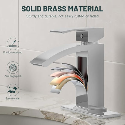 Chrome Waterfall Bathroom Faucet for 1 or 3 Holes, Brass | Single Handle Bathroom Sink Faucets for Lavatory Commercial Vanity, Basin Taps with Deck Plate, Pop Up Drain and Supply Line