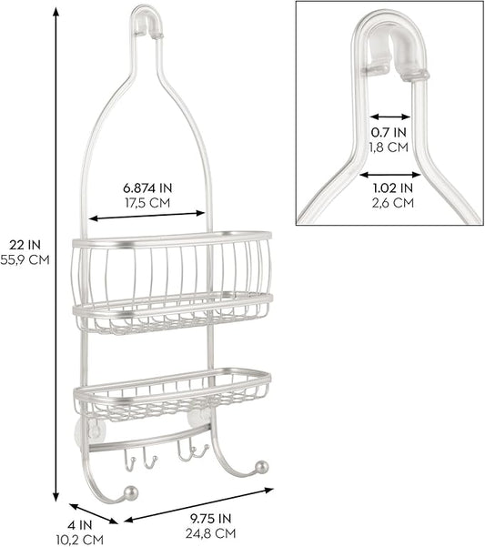 iDesign - 61974 York Metal Wire Hanging Shower Caddy, Extra Wide Space for Shampoo, Conditioner, and Soap with Hooks for Razors, Towels, and More, 10" x 4" x 22", Pearl White