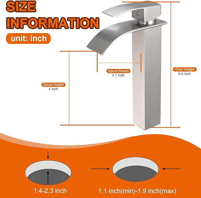 Brushed Nickel Bathroom Vessel Sink Faucet, Waterfall Vessel Faucet, Tall Body 1 Hole Single Handle with Pop Up Drain Without Overflow Combo Vanity Mixer Tap Basin Bowl Sink Silver