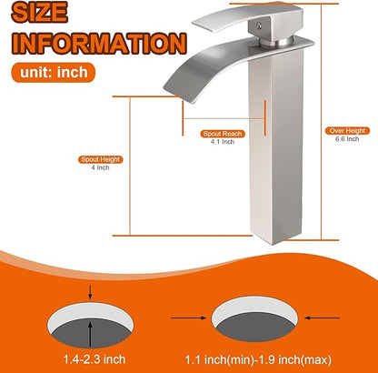 Brushed Nickel Bathroom Vessel Sink Faucet, Waterfall Vessel Faucet, Tall Body 1 Hole Single Handle with Pop Up Drain Without Overflow Combo Vanity Mixer Tap Basin Bowl Sink Silver