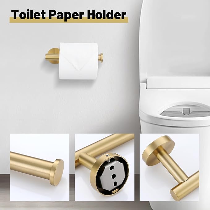 6 Pieces Brushed Gold Towel Bar Bathroom Hardware Set, 23.6Inch Brushed Gold Bathroom Accessories Towel Holder Set, SUS304 Stainless Steel Towel Racks for Bathroom