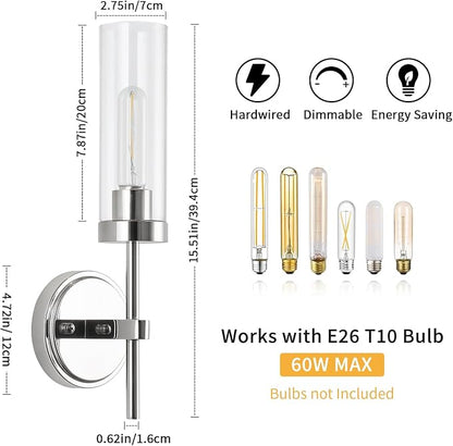 WILON Bathroom Wall Sconces Vanity Light Fixtures, Chrome, 2 pcs | Clear Glass Shade, 60W MAX, Modern Farmhouse Style for Vanity Mirror Bedroom Bedside Hallway Corridor Stairs bathroom