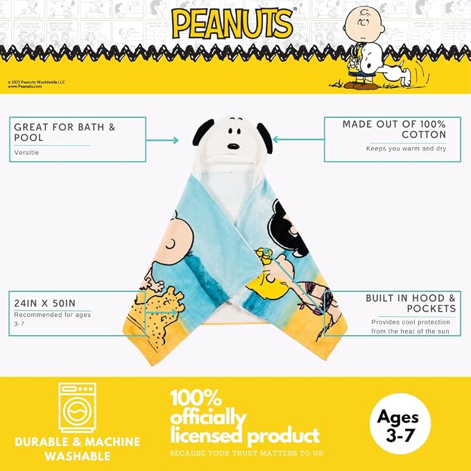 Peanuts Snoopy Kids Super Soft Bath/Pool/Beach Soft Cotton Terry Hooded Towel Wrap, 24 in x 50 in, (Officially Licensed Product) by Franco
