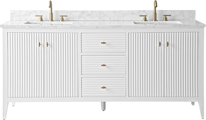 HOMEBEYOND 72" Bathroom Vanity with Double Sink, Solid Wood Bathroom Vanity Free-Standing Cabinet, Ceramic Top & Soft Closing Door, Golden Brushed Handware, White