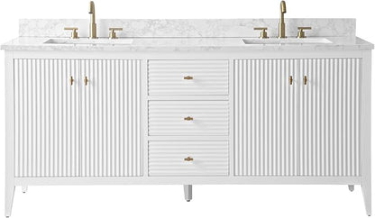 Vanity Art 72 inch Bathroom Vanity with Double Sink & Ceramic Top, Vanity Cabinet with Soft-Closing Door, Solid Wood Frame, Linear Pattern, White, Golden Brushed Handware VA91726-DW-GB