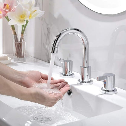 Phiestina Widespread Bathroom Sink Faucet, 3 Hole 8 Inch Chrome Finish, Modern Vanity Faucet with Metal Pop Up Drain, WF015-1-C