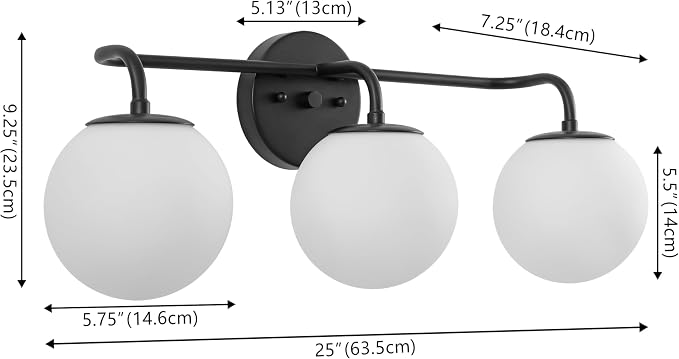 JONATHAN Y Louis Parisian Globe 25" Vanity 3-Light, Black | White Frosted Glass Shade, Midcentury Parisian Bistro Style, Metal Wall Lamp, Dimmable, Hardwired, LED Bulbs Included