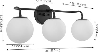 JONATHAN Y Louis Parisian Globe 25" Vanity 3-Light, Black | White Frosted Glass Shade, Midcentury Parisian Bistro Style, Metal Wall Lamp, Dimmable, Hardwired, LED Bulbs Included