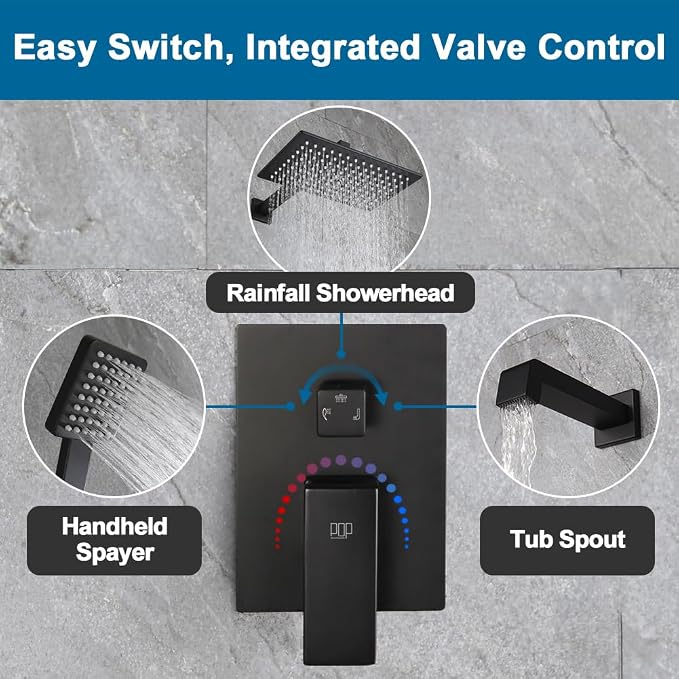 Matte Black Shower Tub Faucet Set Bathroom Rain Shower System with Tub Spout Wall Mounted Rainfall 12 Inch Shower Head and Handle Set Include Shower Valve and Trim Kit