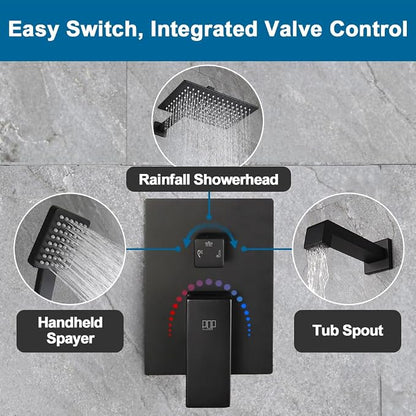 Matte Black Shower Tub Faucet Set Bathroom Rain Shower System with Tub Spout Wall Mounted Rainfall 12 Inch Shower Head and Handle Set Include Shower Valve and Trim Kit