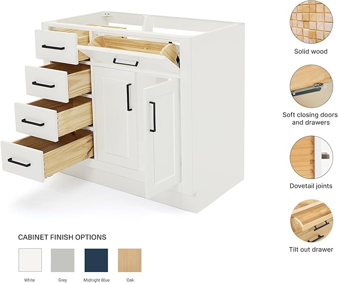 ARIEL Hepburn 36-inch Bathroom Vanity Base Cabinet,Solid Wood, 2 Soft Closing Doors, 5 Dovetail Drawers, White