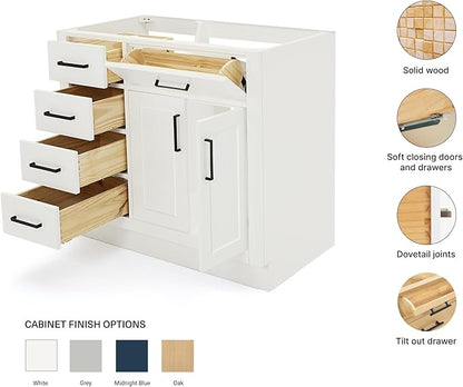 ARIEL Hepburn 36-inch Bathroom Vanity Base Cabinet,Solid Wood, 2 Soft Closing Doors, 5 Dovetail Drawers, White