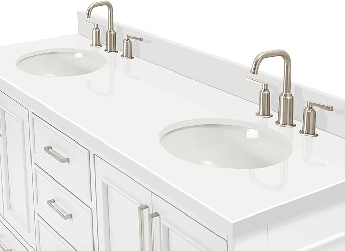 ARIEL Stafford 72-inch Bathroom Vanity with Sink,Solid Wood, 1.5-inch Pure White Quartz Countertop & Backsplash, Double Oval Porcelain Sink, 4 Soft Closing Doors, 6 Dovetail Drawers, White