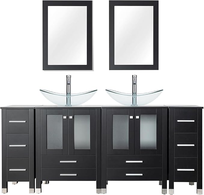 LUCKWIND 72" Double 24-in Bathroom Vanity with Sink Combo, Elegant Series with Two 12.6-in Side Cabinets, Painted Frame, Including Clear Boat Sinks, Faucets Without Mirrors, Black