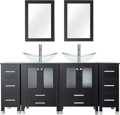 LUCKWIND 72" Double 24-in Bathroom Vanity with Sink Combo, Elegant Series with Two 12.6-in Side Cabinets, Painted Frame, Including Clear Boat Sinks, Faucets Without Mirrors, Black