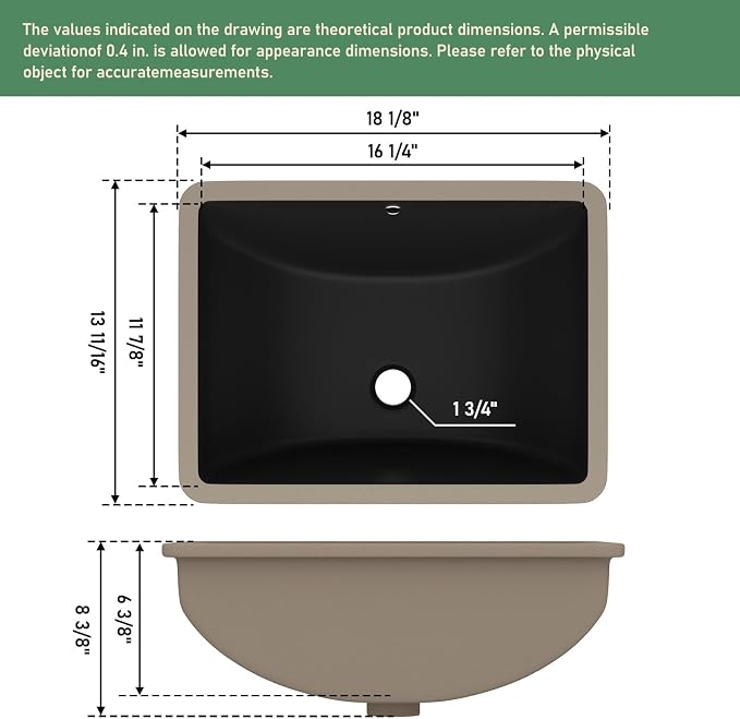 18x14 Inch Black Rectangle Undermount Bathroom Sink | Interior Bowl Size 16"W x 12"D, Ceramic, Curved Bottom, Easy to Clean, with Overflow, Ideal for Bathroom, Lavatory, Vanity