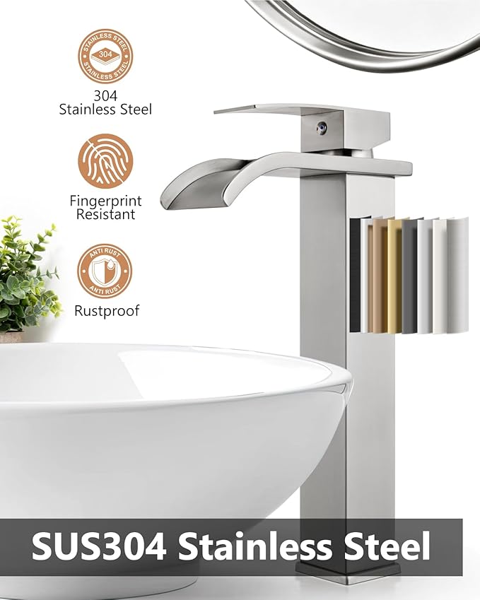 Vessel Sink Faucet Waterfall Tall Bathroom Faucet Single Handle,Single Hole Lavatory Vanity Mixer Tap with Pop Up Drain and Supply Lines,Brushed Nickel