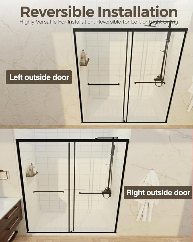 56-60" W x 72" H Semi-Frameless Double Sliding Shower Door | 1/4" SGCC Clear Tempered Glass with Explosion-Proof Film, Matte Black Bypass Walk-In Shower Door, Reversible