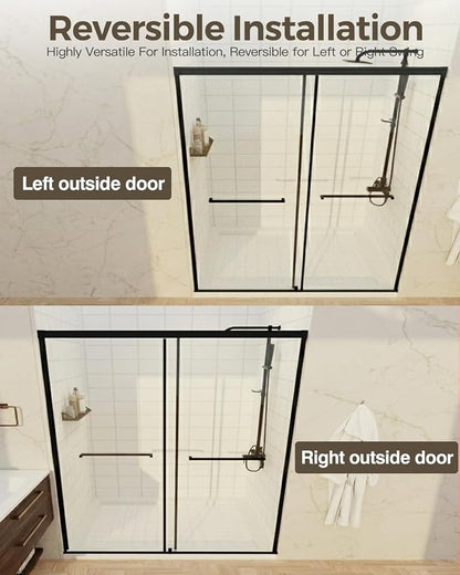 56-60" W x 72" H Semi-Frameless Double Sliding Shower Door | 1/4" SGCC Clear Tempered Glass with Explosion-Proof Film, Matte Black Bypass Walk-In Shower Door, Reversible