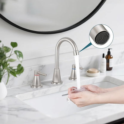 Bathroom Faucet 3 Hole, Brushed Nickel Bathroom Sink Faucet with 360°Swivel Spout, 8 inch Widespread 2 Handle Faucet for Bathroom Sink Vanity RV with Pop-up Drain Supply Line Stainless Steel