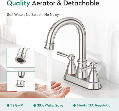CREA Centerset Bathroom Faucet 3 Holes,4 Inch Bathroom Faucets Double Handles,360°Swivel Bathroom Faucet with Pop Up Drain,Brushed Nickel Bathroom Vanity Faucet Basin Mix Tap(cPUC Line)