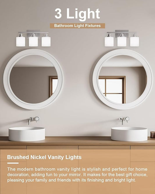 Sailstar Bathroom Light Fixtures Over Mirror, 3-Light Vanity Lights Brushed Nickel, Modern Bathroom Vanity Light, Glass Shade & Anti-Rust Nickel Finished, Bathroom Light for Small Space